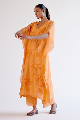Devnaagri Embroidered Orange Silk Chanderi Kaftan Set 