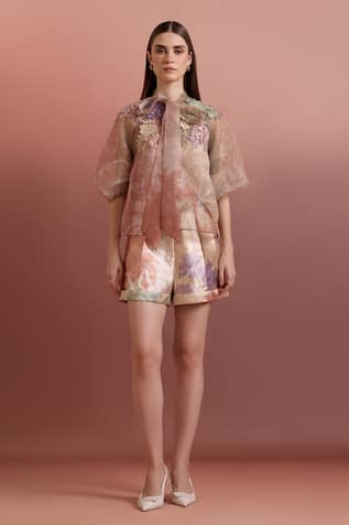 Pankaj & Nidhi Multi Color Tie-Up Top & Pleated Shorts 