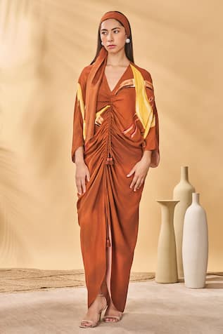 Masaba Brown Feathered Cinched Kaftan