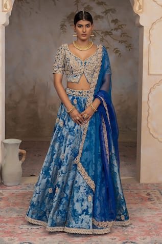 Adi By Aditya Khandelwl Peacock Blue Hand Embroidered Lehenga Set 