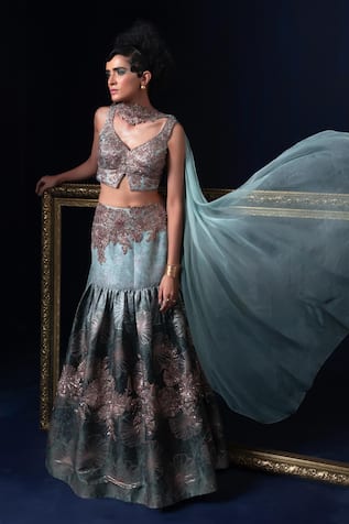 Adi By Aditya Khandelwl Blue & Green Hand Embroidered Lehenga Set 