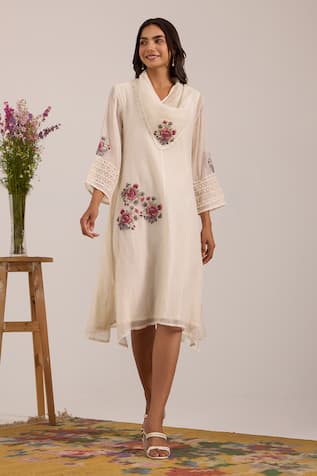 OMI Off White Chanderi A-Line Dress 