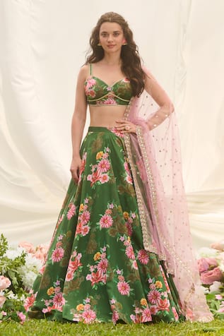 LASHKARAA Floral Printed Green Lehenga Set 