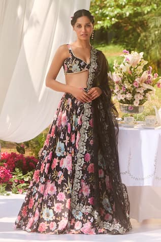 LASHKARAA Black Floral Print Lehenga Set 