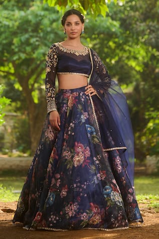 LASHKARAA Navy Blue Floral Printed Lehenga Set 