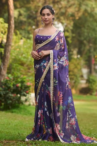 LASHKARAA Purple Floral Chiffon Saree Set 