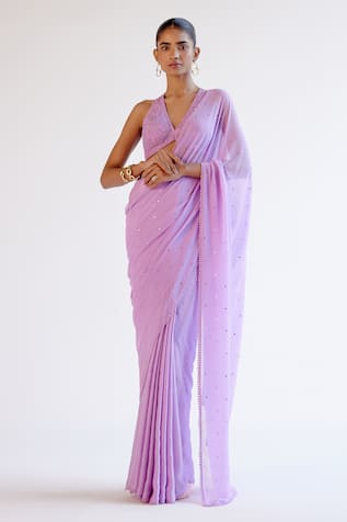 Devnaagri Embroidered Purple Modal Satin Saree Set 