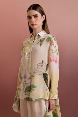 Pankaj & Nidhi Embellished High-Low Silk Crepe Shirt 