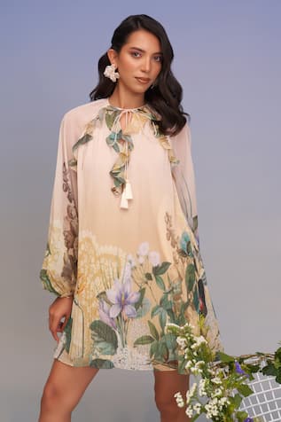 Pankaj & Nidhi Floral Pleated Mini Dress with Belt 