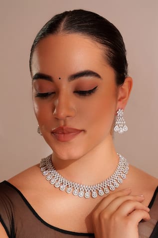 ZEVAR BY GEETA Designer Faux Diamond Necklace & Earrings Set 