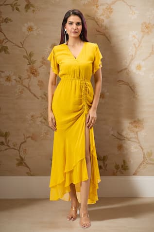 Samyukta Singhania Mustard Yellow Georgette Midi Dress 