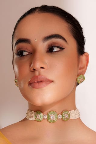 ZEVAR BY GEETA Kundan Polki Green Necklace & Earring Set 
