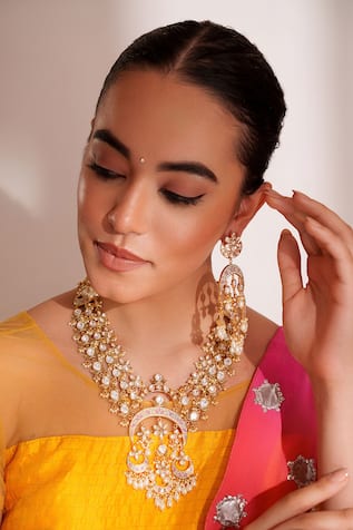Zevar By Geeta Gold Kundan Polki Necklace & Earring Set 