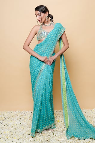 Sajeda A Lehry Hand Embroidered Pre-Draped Saree Set 