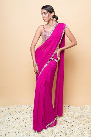 Sajeda A Lehry Gulab Pink Hand Embroidered Saree Set 