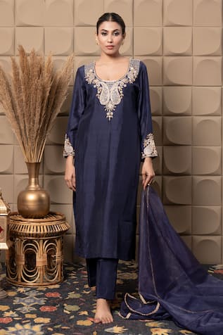 LABEL FLAMINGO BY VRINDA Blue Zardozi Embroidered Kurta Set 