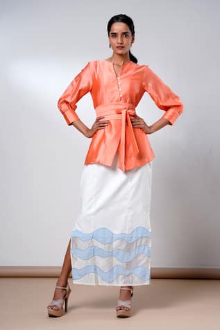 Madder Much Tangerine Wrap Top & Denim Skirt Set 