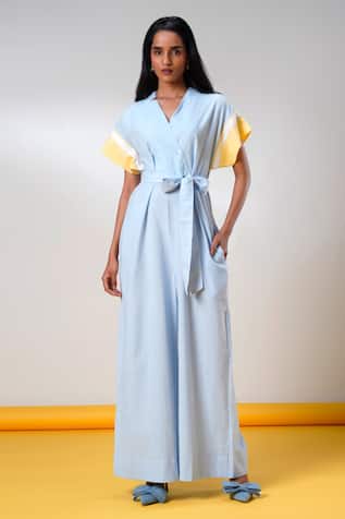 Madder Much Ice Blue Handloom Cotton Jumpsuit & Belt 