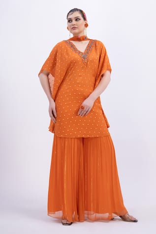 Merge Design Orange Mirror Work Kaftan Kurta Set 