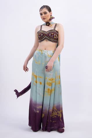 Merge Design Wine Sequin Embroidered Crop Top Set 