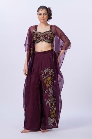 Merge Design Wine Sequin Embroidered Blouse & Pant Set 
