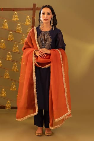 Rashi Jain Navy & Rust Chanderi Kurta Set 