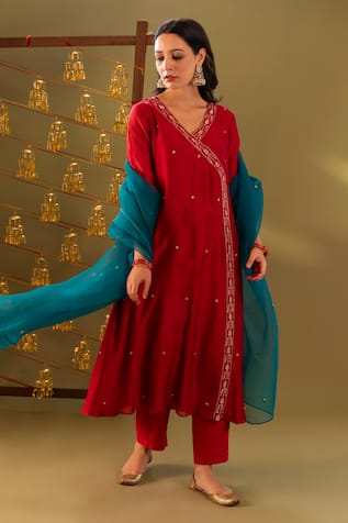 Rashi Jain Red & Teal Chanderi Kurta Pant Dupatta Set 