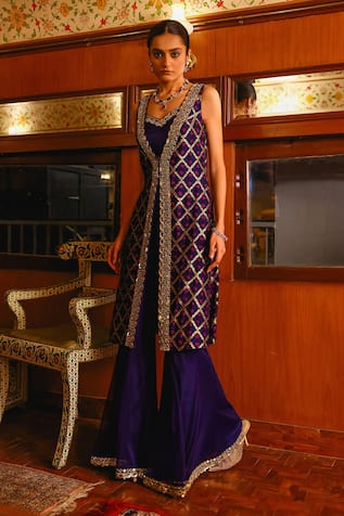Sabe Navy Blue Bandhani Silk Jacket & Sharara Set 