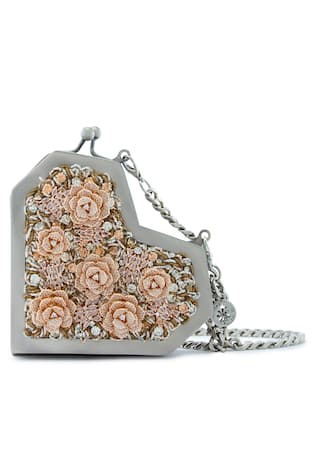 Anaar Grey Floral Embroidered Clutch Bag 