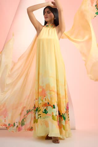 Mandira Wirk Resort Printed Yellow Chiffon Dress 