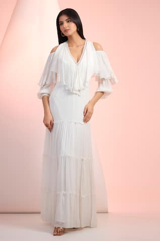 Mandira Wirk Resort Off White Solid Chiffon Dress 