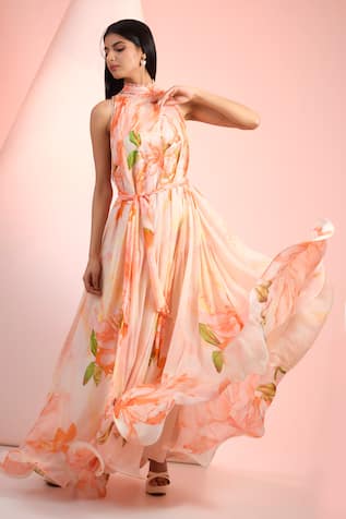 Mandira Wirk Resort Floral Printed Chiffon Dress 