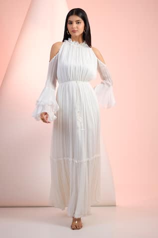 Mandira Wirk Resort Off White Solid Chiffon Dress 