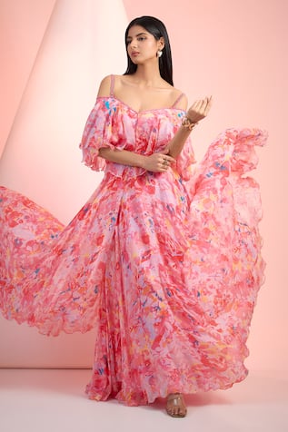 Mandira Wirk Resort Floral Printed Chiffon Dress 