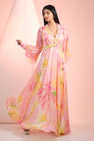 Mandira Wirk Resort Floral Printed Chiffon Dress 