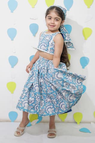 Tiny Colour Blue Printed Skirt & Crop Top Set 