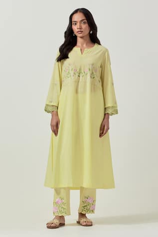 Priya Chaudhary Yellow Machine Embroidered Kurta Pant Set 