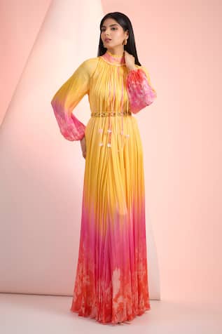 Mandira Wirk Resort Printed Yellow & Pink Chiffon Dress 