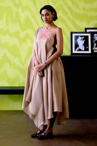 Deep Thee Mocha One Shoulder Chanderi Dress 