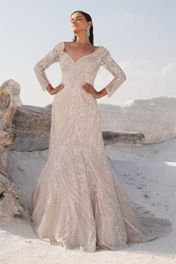 House Of Sikka Silver Net Designer Gown 