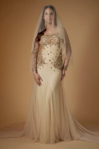 Champagne Gold Designer Gown With Veil 