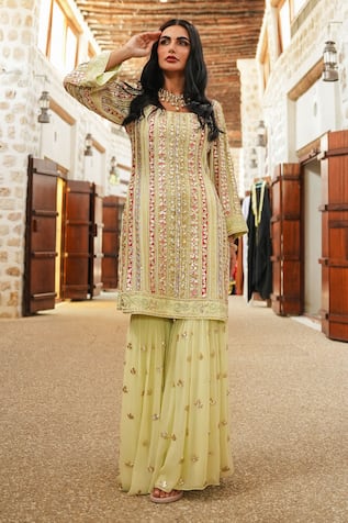 Shian Mint Green Embroidered Kurta Gharara Set 