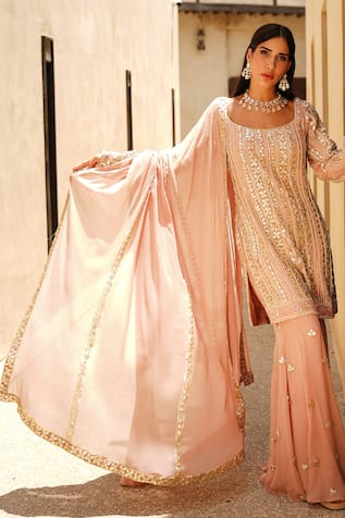 Shian Salmon Pink Embroidered Kurta Sharara Set 