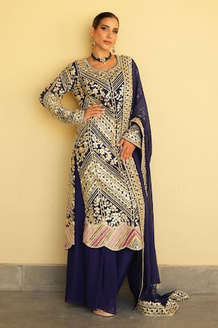 Shian Blue Embroidered Kurta Sharara Set 
