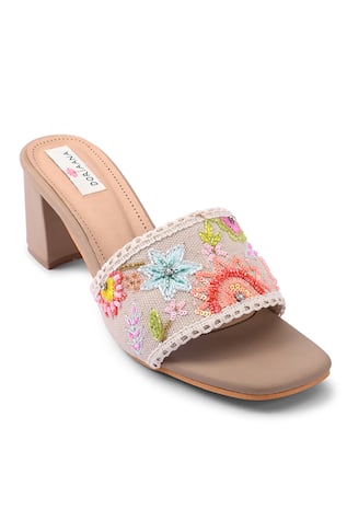 Beige Floral Embroidered Block Heel Sandals 