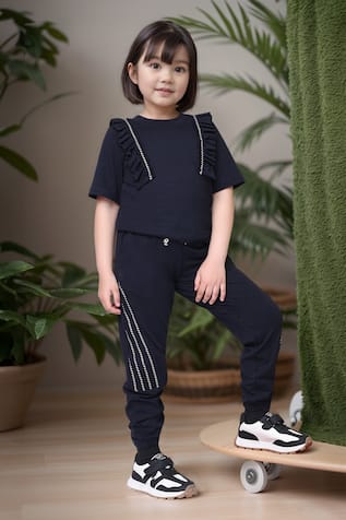 Petite Pomme Navy Ruffled Top & Joggers Set 