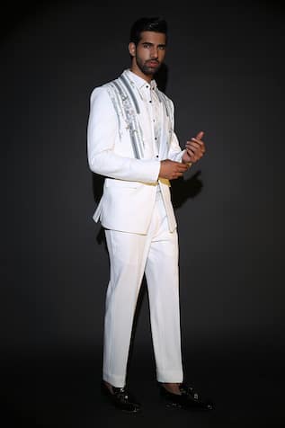 White Japanese Lycra Embroidered Tuxedo Set 