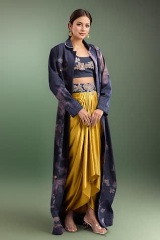 AK-OK Blue Embroidered Blouse & Draped Skirt Set 