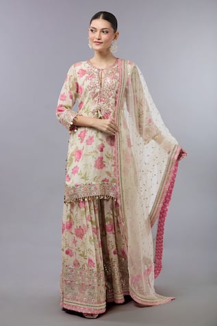 Gopi Vaid Floral Print Kurta Set With Sharara 