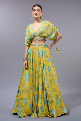 Gopi Vaid Floral Printed Yellow Lehenga Set 